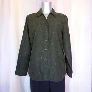 Green Button Front Blouse with Embroidery